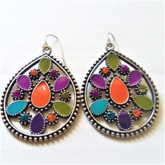 Dangle Earrings Boho Hippie TearDrop Stylish Colorful Trendy VTG Enamel - Picture 1 of 3